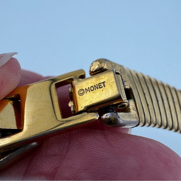 Vintage 1980 Monet Gold and Black Enamel Statement Necklace with Rhinestone - Picture 4 of 11